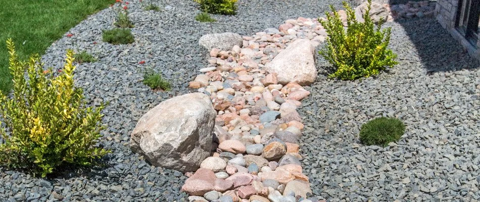 Dry creek bed in West Palm Beach, FL, with rocks, stones, and plants.
