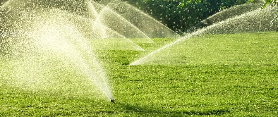 Lawn in West Palm Beach, FL, with several sprinkler heads releasing water.